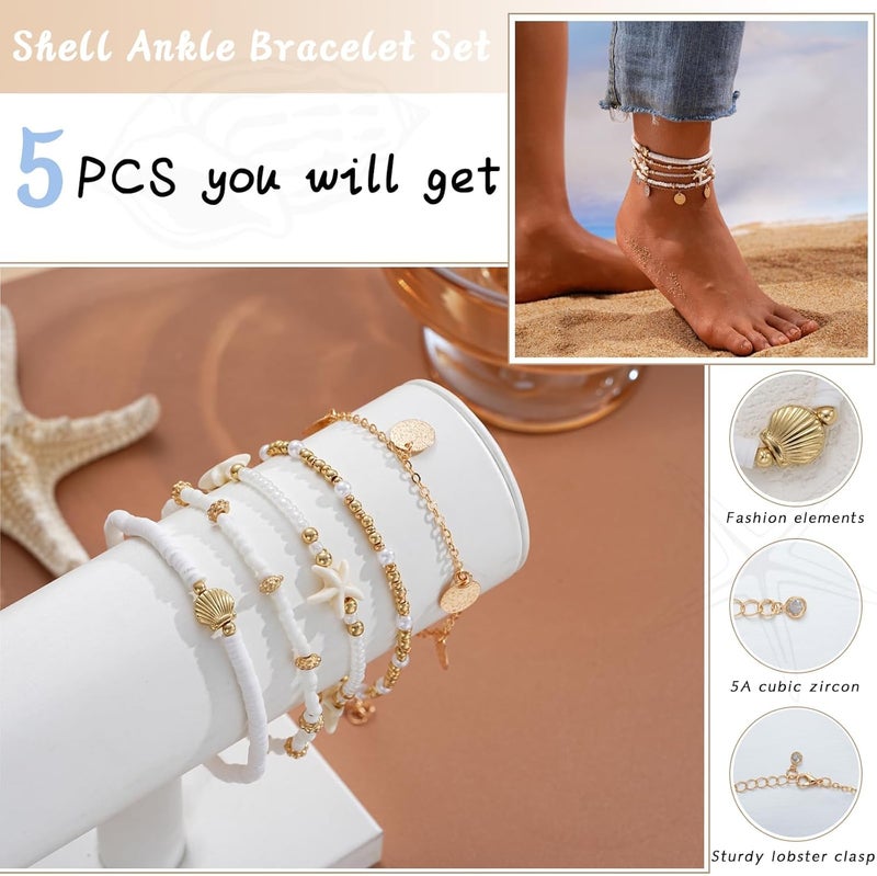 Shall Shell Boho Shell Ankle Bracelet Set for Women, 5 Pairs 14K Boho Bead Handmade Adjustable Anklet, Hawaiian Beach Seashell Starfish Foot Jewelry Gifts - Image 4
